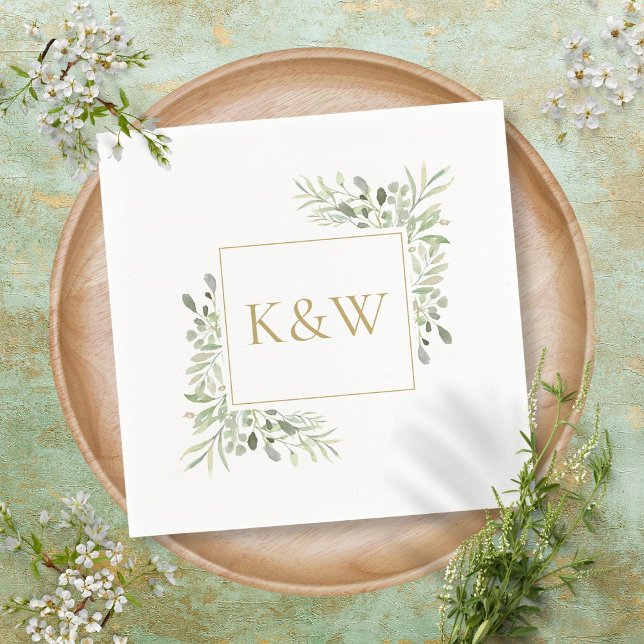 Elegant Guld Monogram Greenery Foliage Bröllop Pappersservett (Skapare uppladdad)