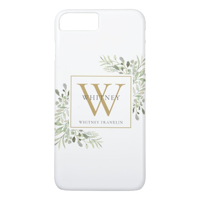 Elegant Guld Monogram Greenery Modern Case-Mate iPhone Skal (Baksida)