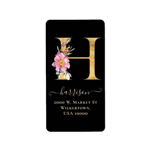 Elegant Guld Monogram H Blommigt Adressetikett (Framsidan)