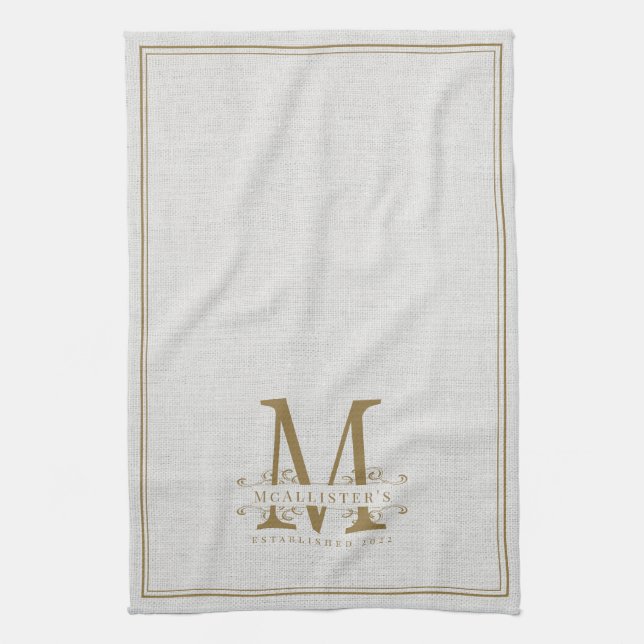 Elegant Guld Monogram Linen-familjeetablering år Kökshandduk (Vertikal)
