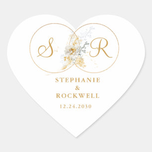 Elegant Guld Monogram Namn Initial Bröllop Heart Hjärtformat Klistermärke