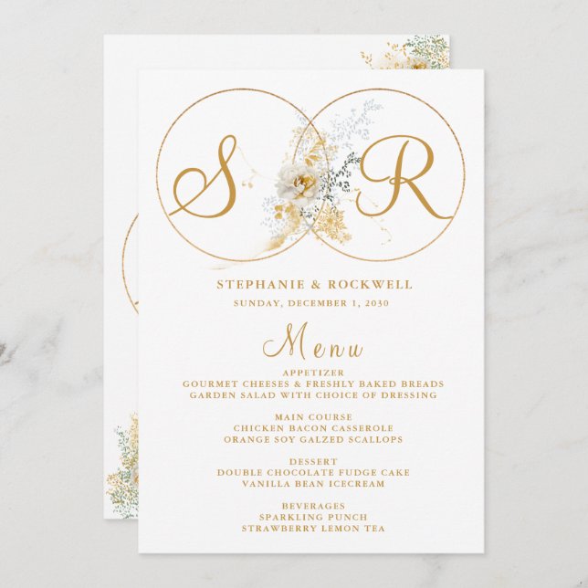 Elegant Guld Monogram Namn Initial Bröllop Menu Meny (Fram/baksida)