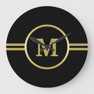 Elegant guld Monogram på svart Stor Klocka