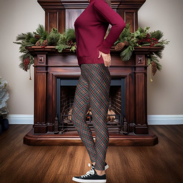 Elegant Guld Monogram Play - Cranberry Blue Teal Leggings (Elegant Rich Dark Plaid Fall Winter Holiday Pattern Leggings - Cranberry, Dark Blue, Dark Teal )