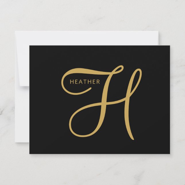 Elegant Guld Monogram Svart  Anteckningskort (Framsida)
