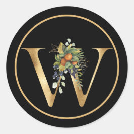 ELEGANT Guld MONOGRAM W MED FRUKT OCH BLOMMOR Runt Klistermärke