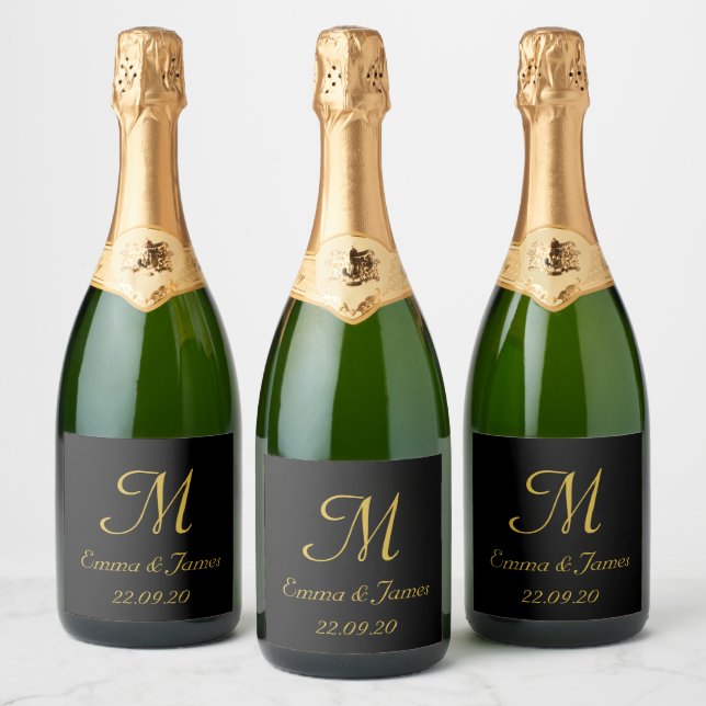 Elegant Guld Monogram Wedding Favors Sparkling Win (Flaskor)