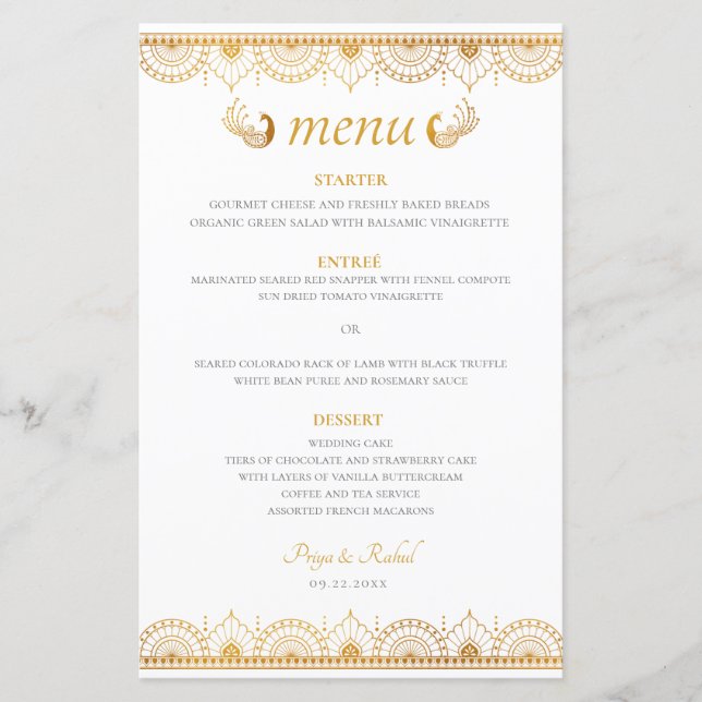 Elegant Guld Mönster Indiska Bröllop Menu (Framsida)