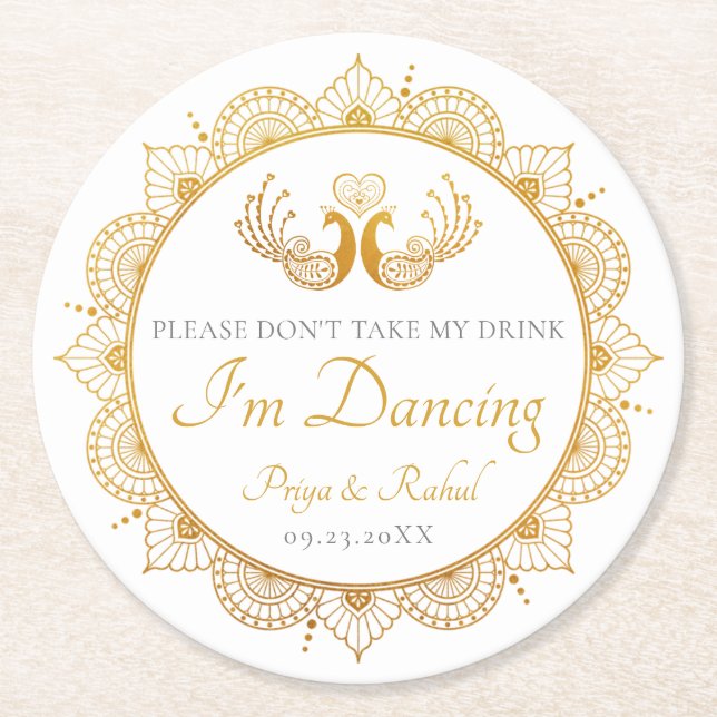 Elegant Guld Mönster Indiska Bröllop Underlägg Papper Rund (Framsidan)