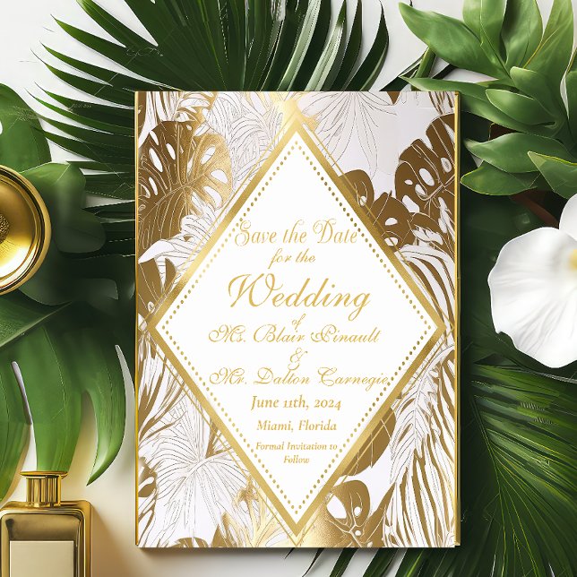 Elegant Guld Monstera Bröllop spara datum-kort OSA Kort (Stunning Save The Date Enclosure Card)