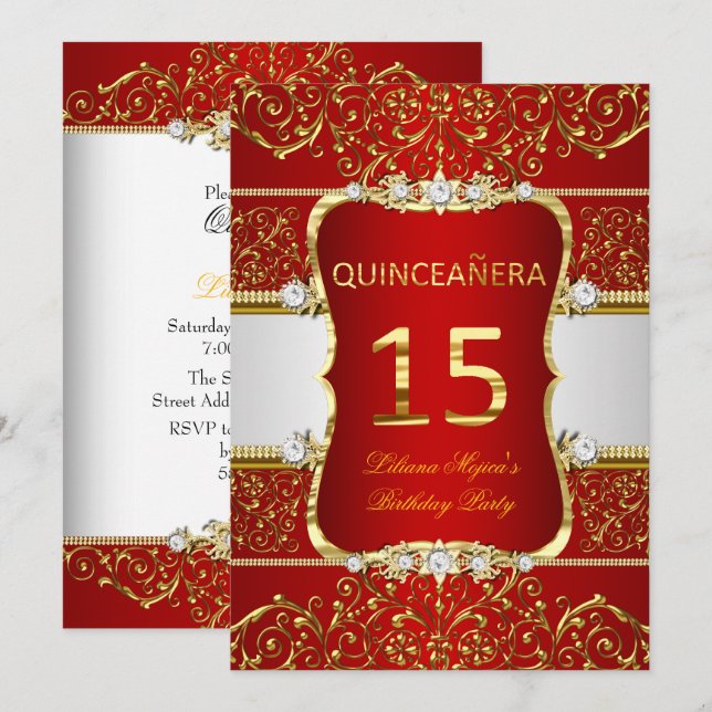 Elegant Guld Mörkröd Glamour Quinceanera Inbjudningar (Fram/baksida)
