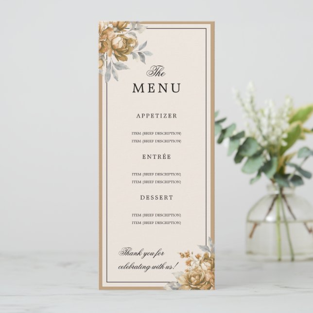 Elegant guld naturlig rustik blomsterbröllopsmeny  inbjudningar (Stående Fram)