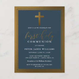 Elegant Guld & Navy Blue First Heliga Communion Inbjudan Vykort