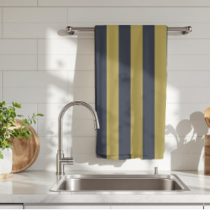 Elegant Guld & Navy Blue Lodrät Rand Kökshandduk