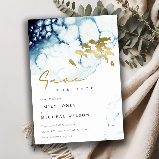 Elegant Guld Navy Fisk Undervattensmiljö Akvarell Spara Datumet (Skapare uppladdad)