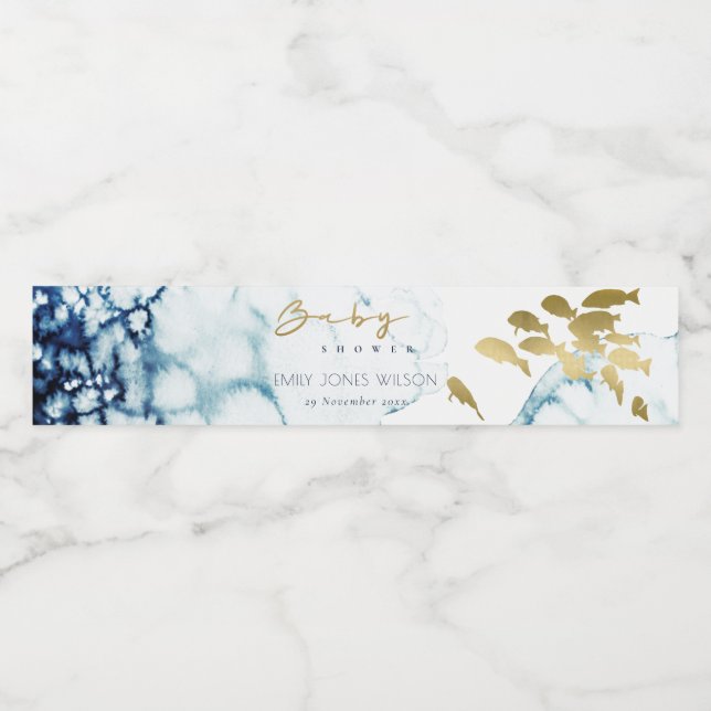 ELEGANT GULD NAVY UNDERVATTARE HAVS FISKBABY SHOWE VATTENFLASKA ETIKETT (Singel etikett)