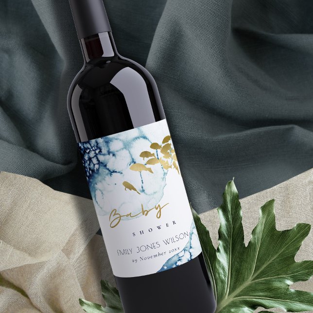 ELEGANT GULD NAVY UNDERVATTARE HAVS FISKBABY SHOWE VINFLASKA ETIKETT (Skapare uppladdad)