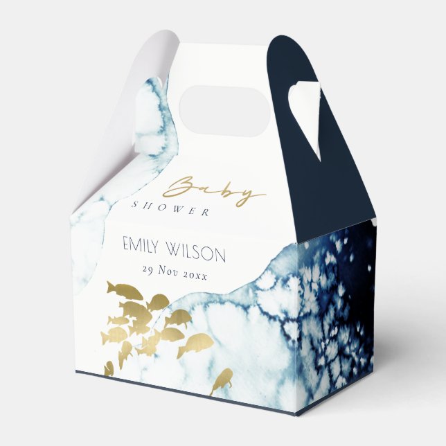 ELEGANT GULD NAVY UNDERVATTEN FISH BABY SHOWER PRESENTASKAR (Framsidan Sidan)