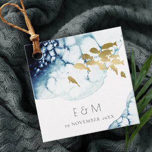 ELEGANT GULD NAVY UNDERVATTEN FISK MONOGRAM BRÖLLO GÅVOR ETIKETTER