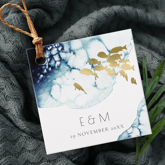 ELEGANT GULD NAVY UNDERVATTEN FISK MONOGRAM BRÖLLO GÅVOR ETIKETTER (Skapare uppladdad)