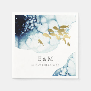 ELEGANT GULD NAVY UNDERVATTEN FISK MONOGRAM BRÖLLO PAPPERSSERVETT