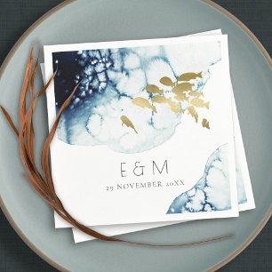 ELEGANT GULD NAVY UNDERVATTEN FISK MONOGRAM BRÖLLO PAPPERSSERVETT