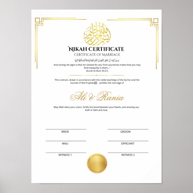 Elegant guld-Nikah-certifikat med sigill Poster (Framsidan)