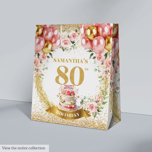 Elegant Guld nummer 80  Blommigten födelsedag (Elegant Gold Number 80th Birthday Blush Floral Medium Gift Bag)