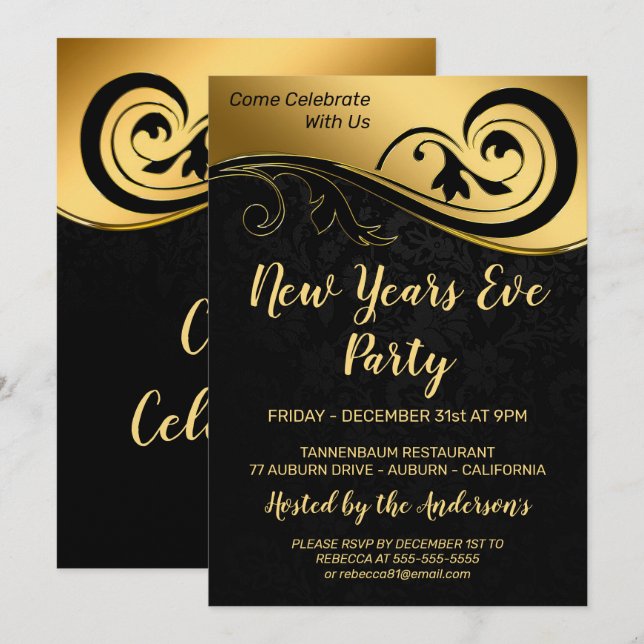 Elegant Guld nya år Inbjudningar (Fram/baksida)