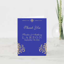 Elegant guld och blå damast bröllop tack kort