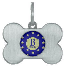 Elegant guld- och blå stjärnmönster monogram ID-bricka husdjur