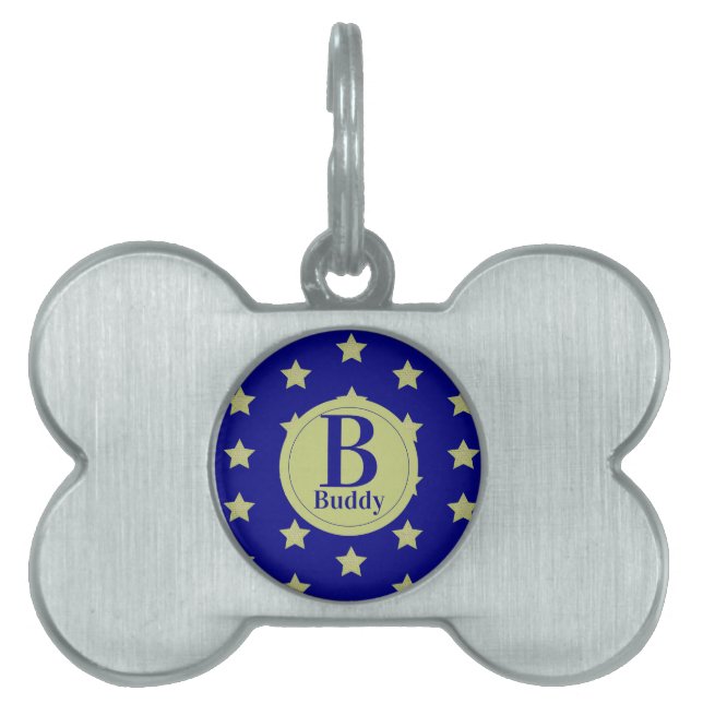 Elegant guld- och blå stjärnmönster monogram ID-bricka husdjur (Framsidan)
