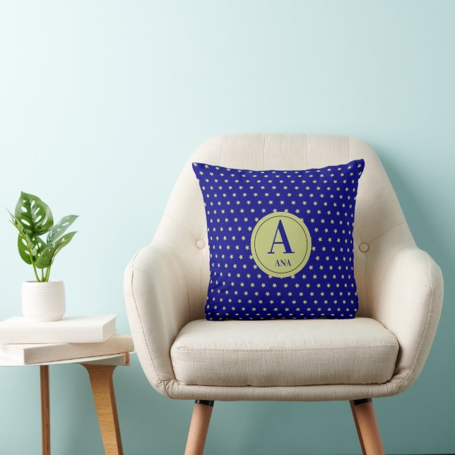 Elegant guld- och blå stjärnmönster monogram kudde (Stol)