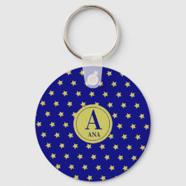 Elegant guld- och blå stjärnmönster monogram nyckelring