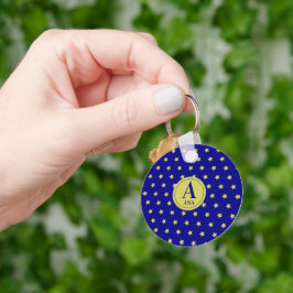 Elegant guld- och blå stjärnmönster monogram nyckelring