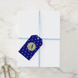 Elegant guld- och blå stjärnmönster monogram presentetikett