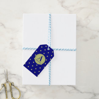 Elegant guld- och blå stjärnmönster monogram presentetikett