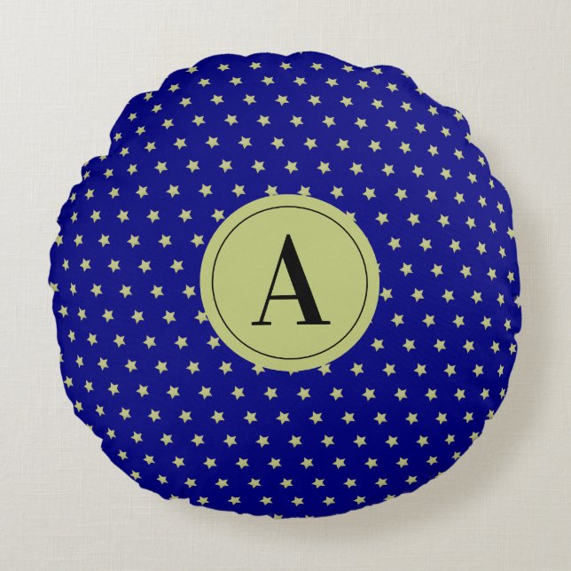 Elegant guld- och blå stjärnmönster monogram rund kudde (Framsidan)