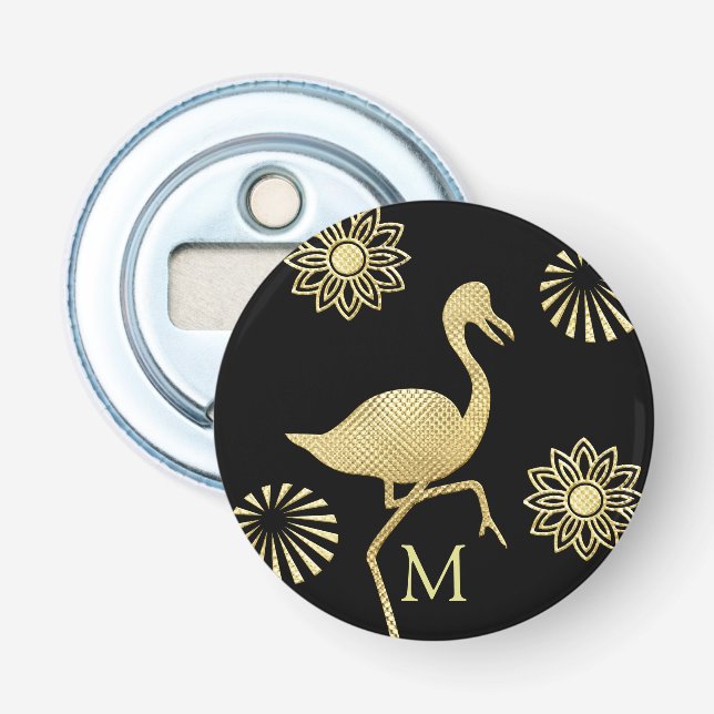 Elegant Guld och Black Flamingo Art Monogram Flasköppnare (Framsidan)