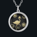 Elegant Guld och Black Flamingo Art Monogram Silverpläterat Halsband<br><div class="desc">Elegantens monogrammade halsband med guld färgad flamingo och blomdesign.</div>