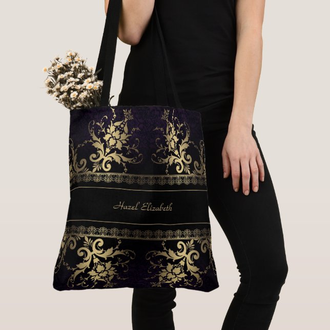 Elegant Guld och Black Monogram Tote Bag Tygkasse (Närbild)