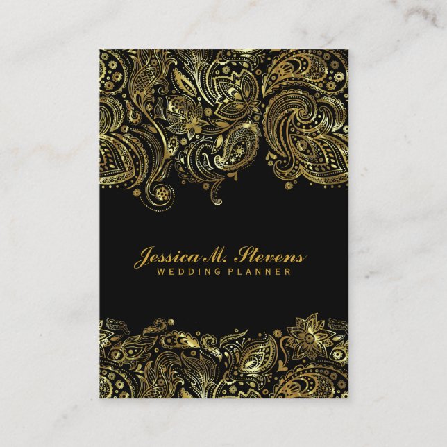 Elegant Guld och Black Paisley 3 Bröllopsfixaren Visitkort (Framsida)