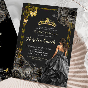 Elegant Guld och Black Ro Princess Quinceañera Inbjudningar
