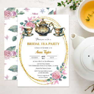 Elegant Guld och Blommigt Möhippa Tea Party Inbjudningar