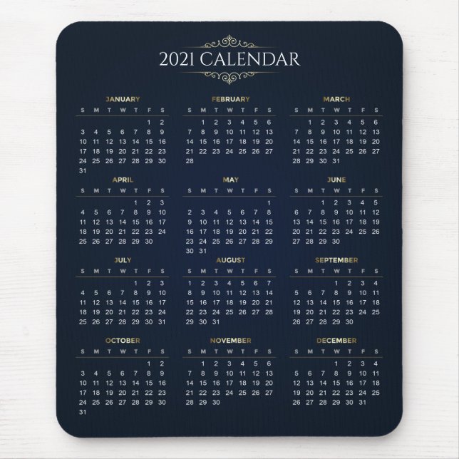 Elegant Guld och Blue 2021 Calendar | Mousepad Musmatta (Framsidan)