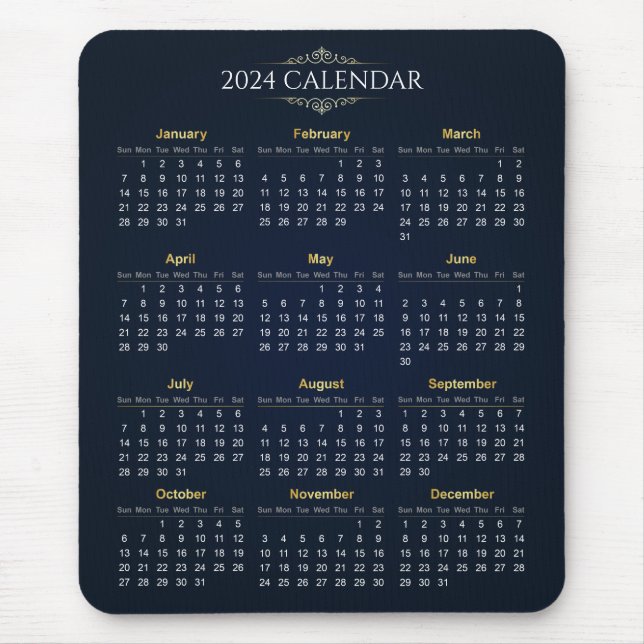 Elegant Guld och Blue 2024 Calendar | Mousepad Musmatta (Framsidan)