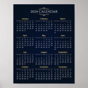 Elegant Guld och Blue 2024 Calendar   POSTER