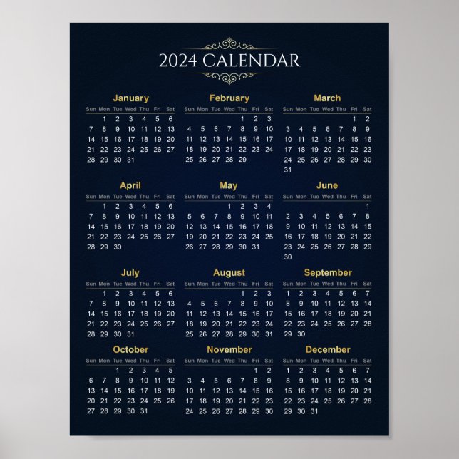 Elegant Guld och Blue 2024 Calendar | POSTER (Framsidan)