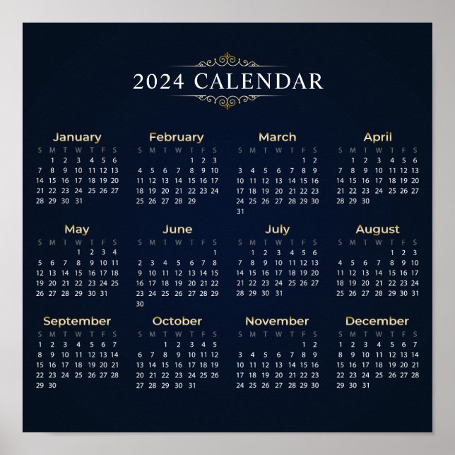 Elegant Guld och Blue 2024 Calendar | POSTER (Framsidan)
