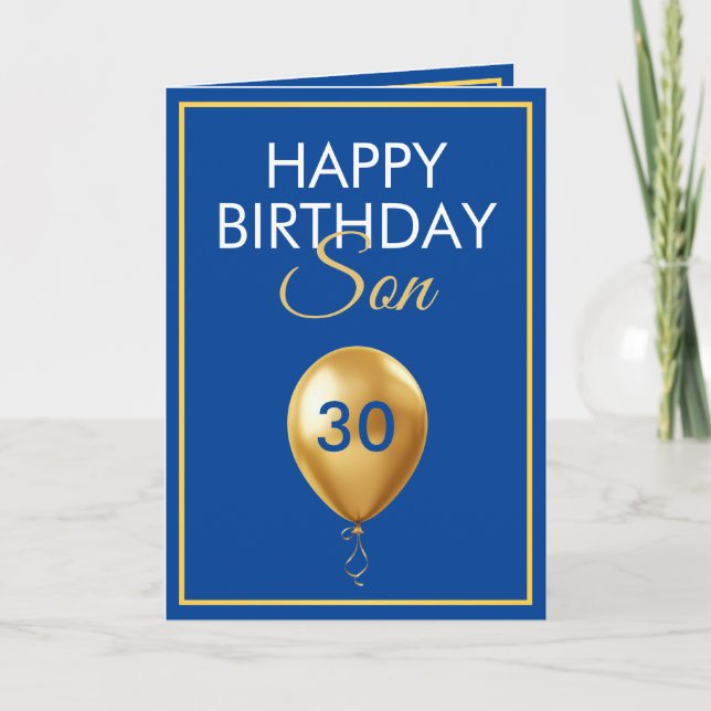 Elegant Guld och Blue Balloon Son 30års födelsedag Kort (Framsida)